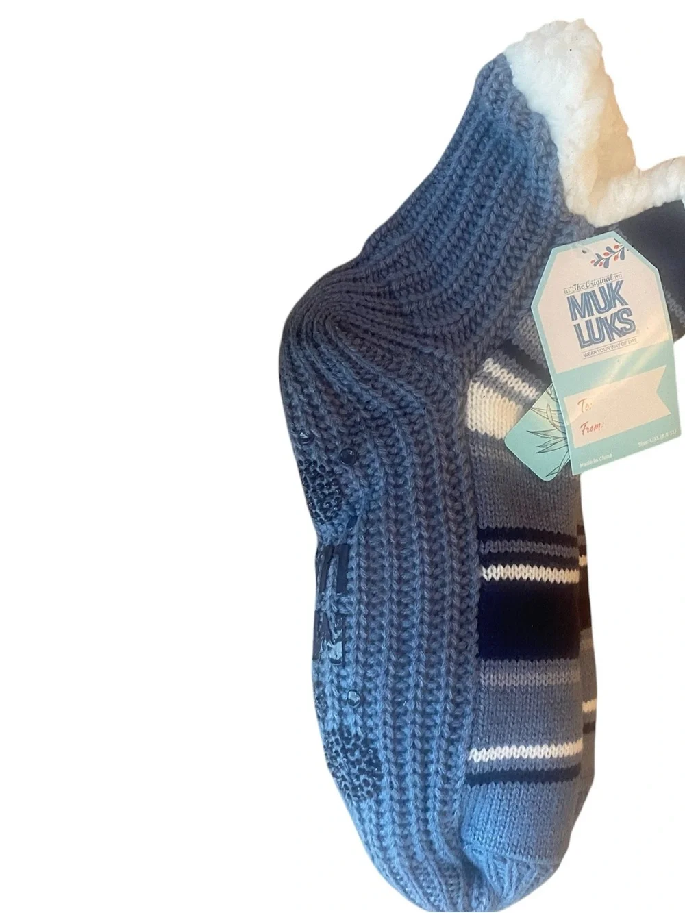 3/$25Bundle Muk Luks Unisex Sherpa-Lined Cabin Socks -Navy & Light Blue One Sz